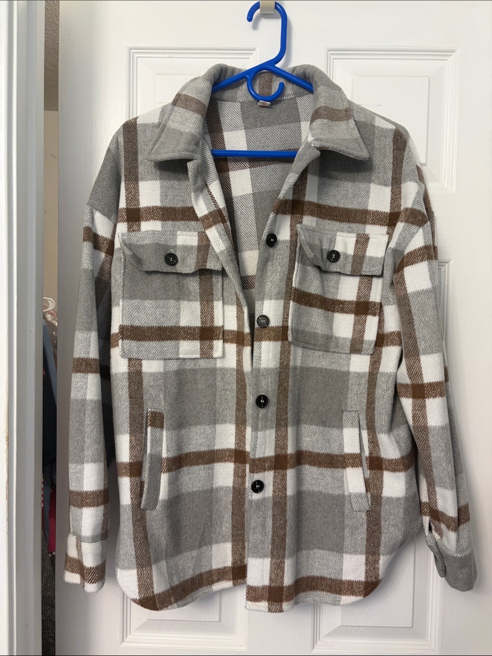 Amazon Plaid Utility Shacket Jacket in Gray, White & Brown